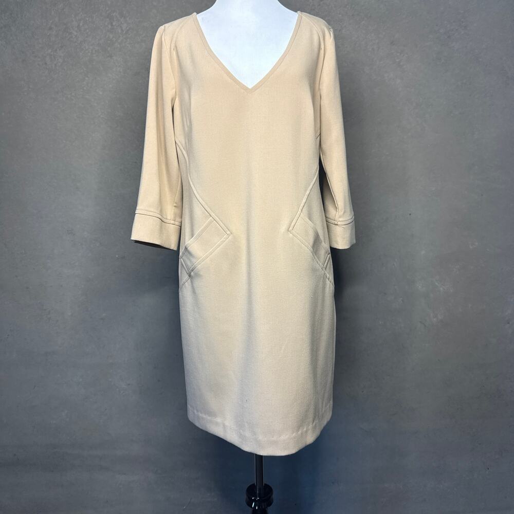 Trina Turk Beige Sheath Dress Size 8 Made in USA V-Neck Pockets Knee Length